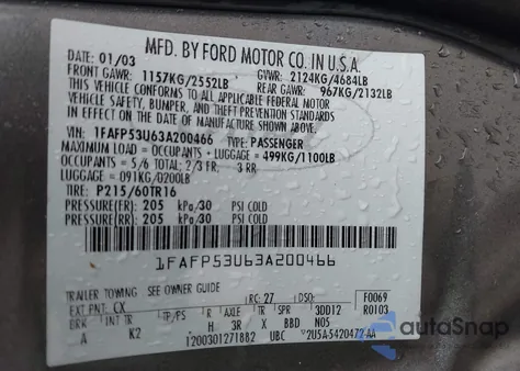 2003 Ford Taurus Se z USA, uszkodzony, nr VIN 1FAFP53U63A200466